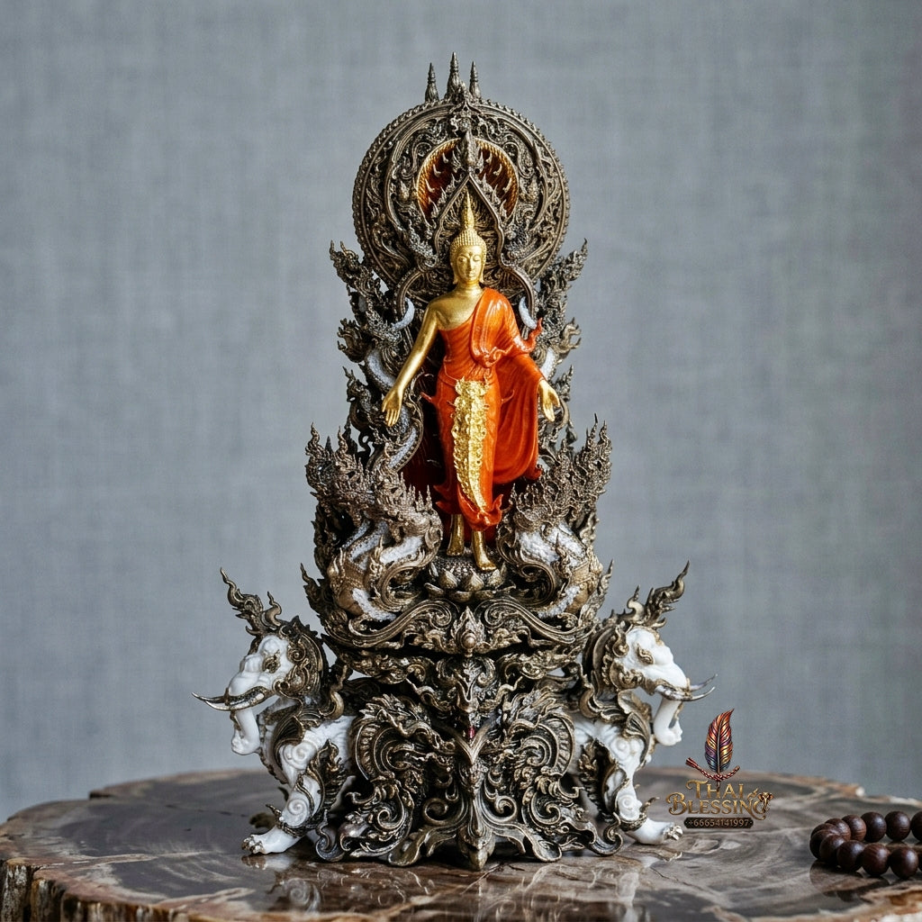 Authentic Sacred Museum-Grade Thai Fine Art Statue "Phra Open World" (Phra Pang Poed Lok - Phanom Naka Edition) 5 Inch Altar Size Satin Antiqued Nawa Loha with Real Gold Plated Buddha Image & Mini That Phanom Reliquary on Back