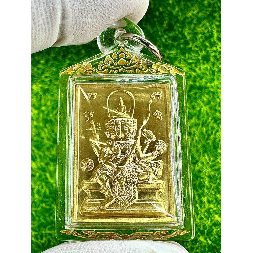 Phra Phrom amulet for sale with detailed gold design in protective clear casing from Thai Blessing Co