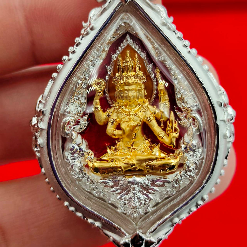 Phra Phrom amulet Supreme Divine Blessings & Prosperity encased in intricate silver design for home decoration