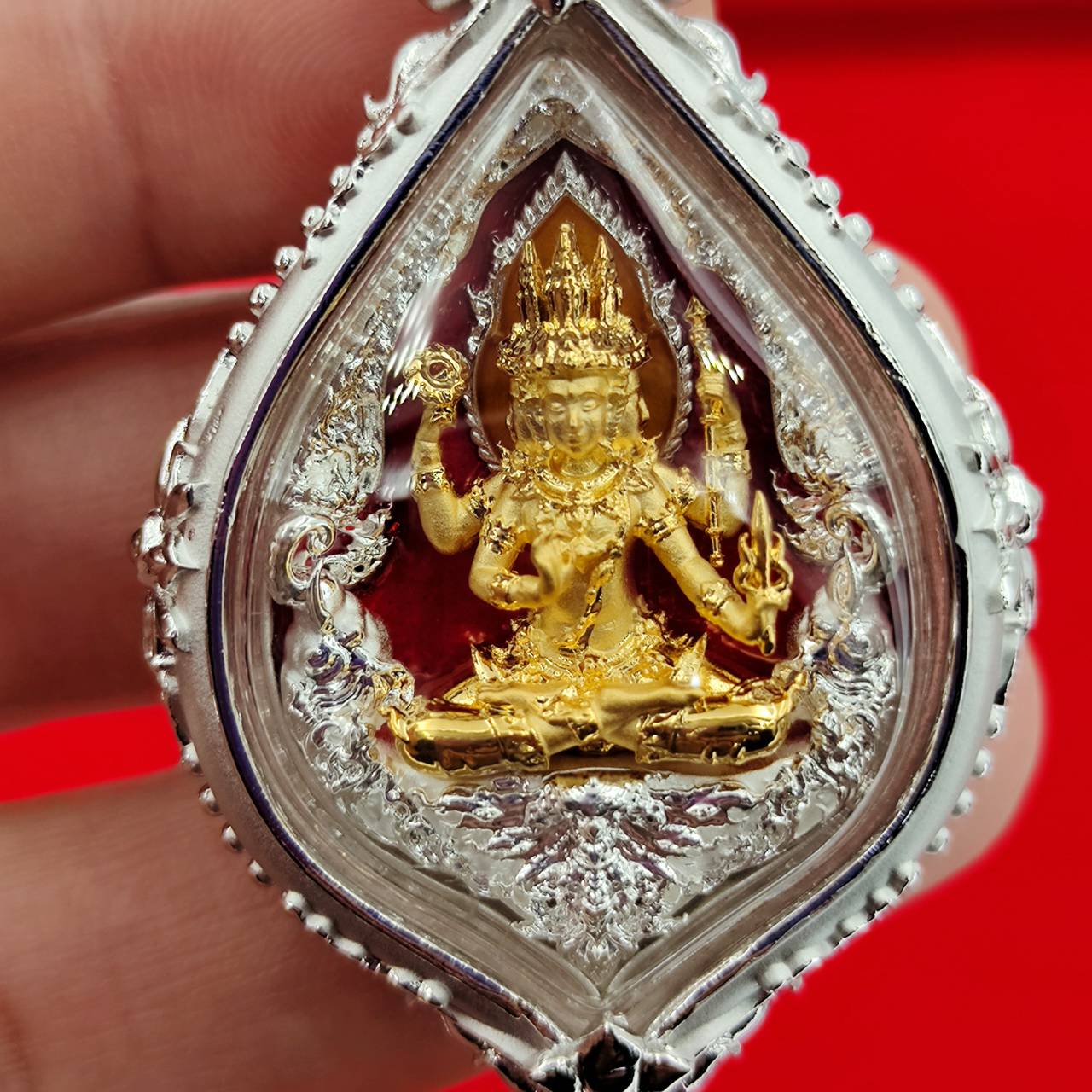 Phra Phrom amulet Supreme Divine Blessings & Prosperity encased in intricate silver design for home decoration