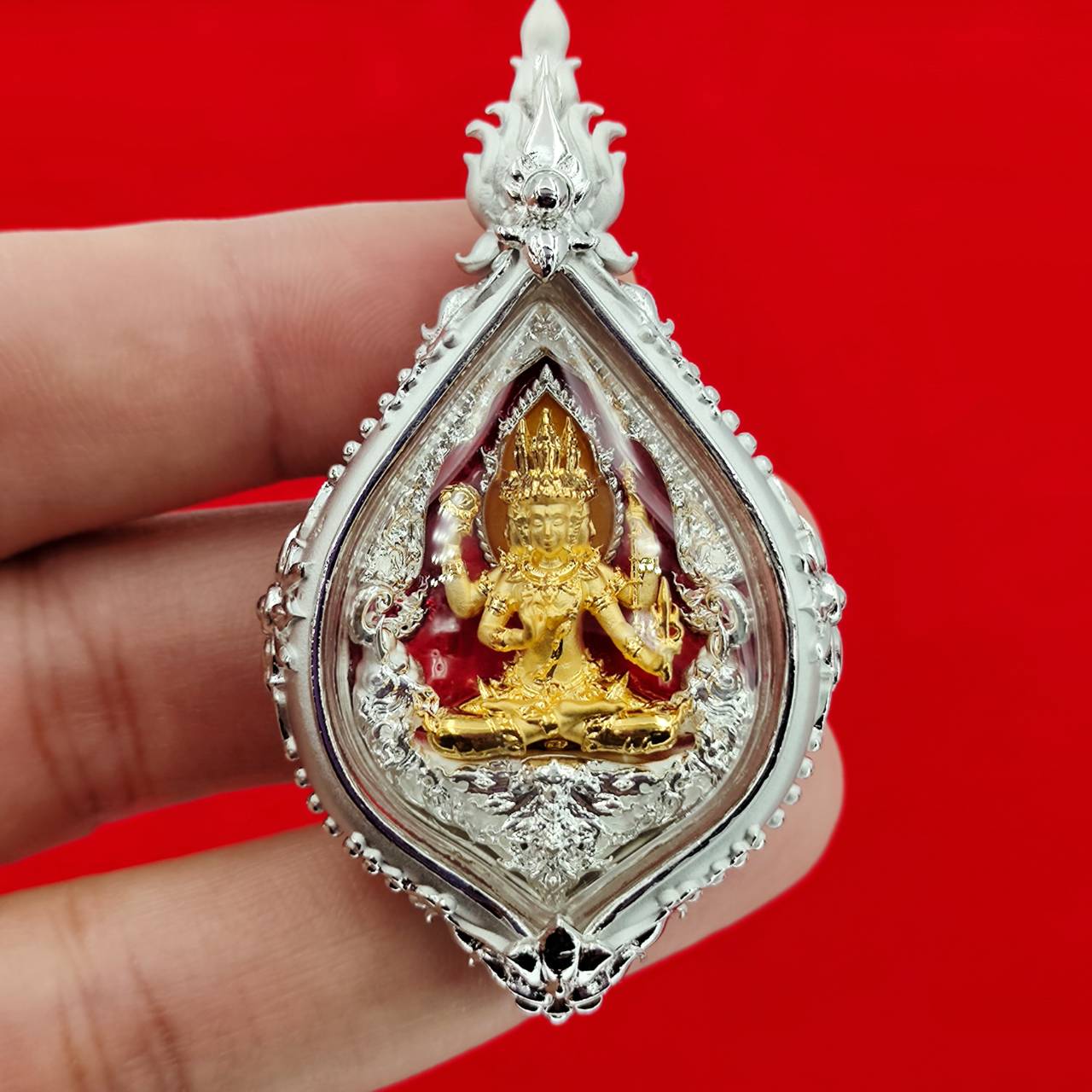 Phra Phrom amulet Supreme Divine Blessings & Prosperity in intricately designed silver casing