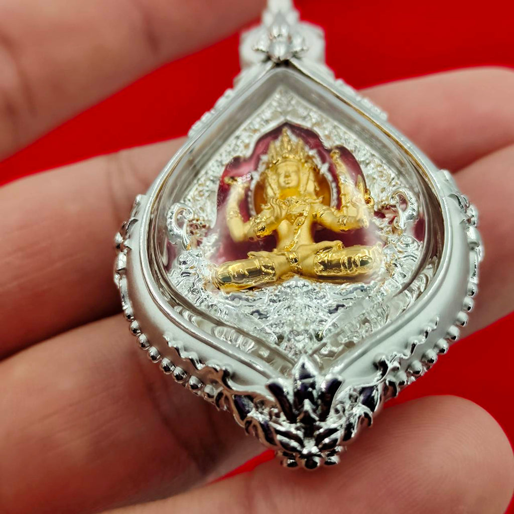 Phra Phrom amulet Supreme Divine Blessings & Prosperity in a decorative silver casing for home decoration