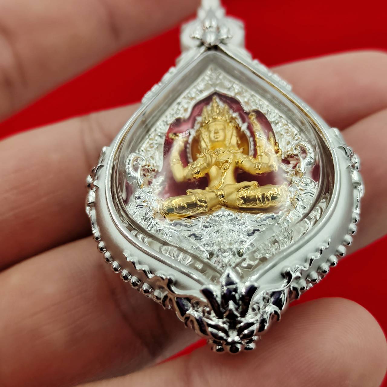Phra Phrom amulet Supreme Divine Blessings & Prosperity in a decorative silver casing for home decoration