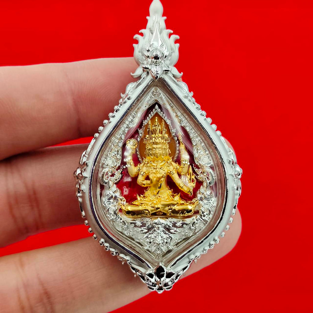 Phra Phrom amulet Supreme Divine Blessings & Prosperity with intricate silver casing and vibrant colors