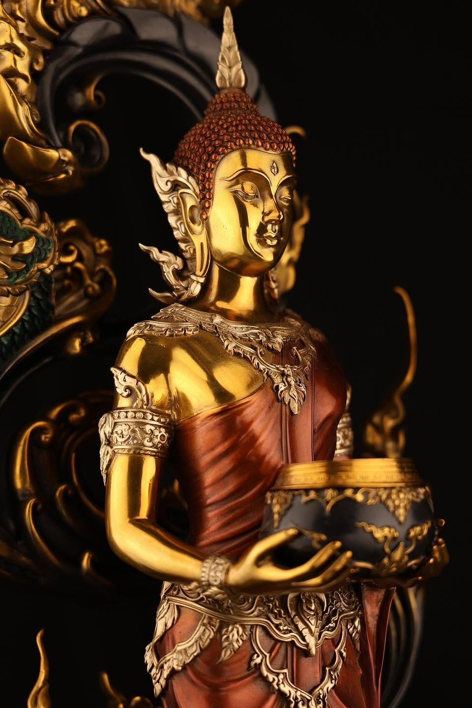 Authentic Sacred Museum-Grade Large Altar Statue "Phra Buddha Chariyawat Um Bat Prod Venai Yasat" (Standing Alms-Bowl Buddha Posture - 97 cm / 38 Inches with Genuine Marble Base)