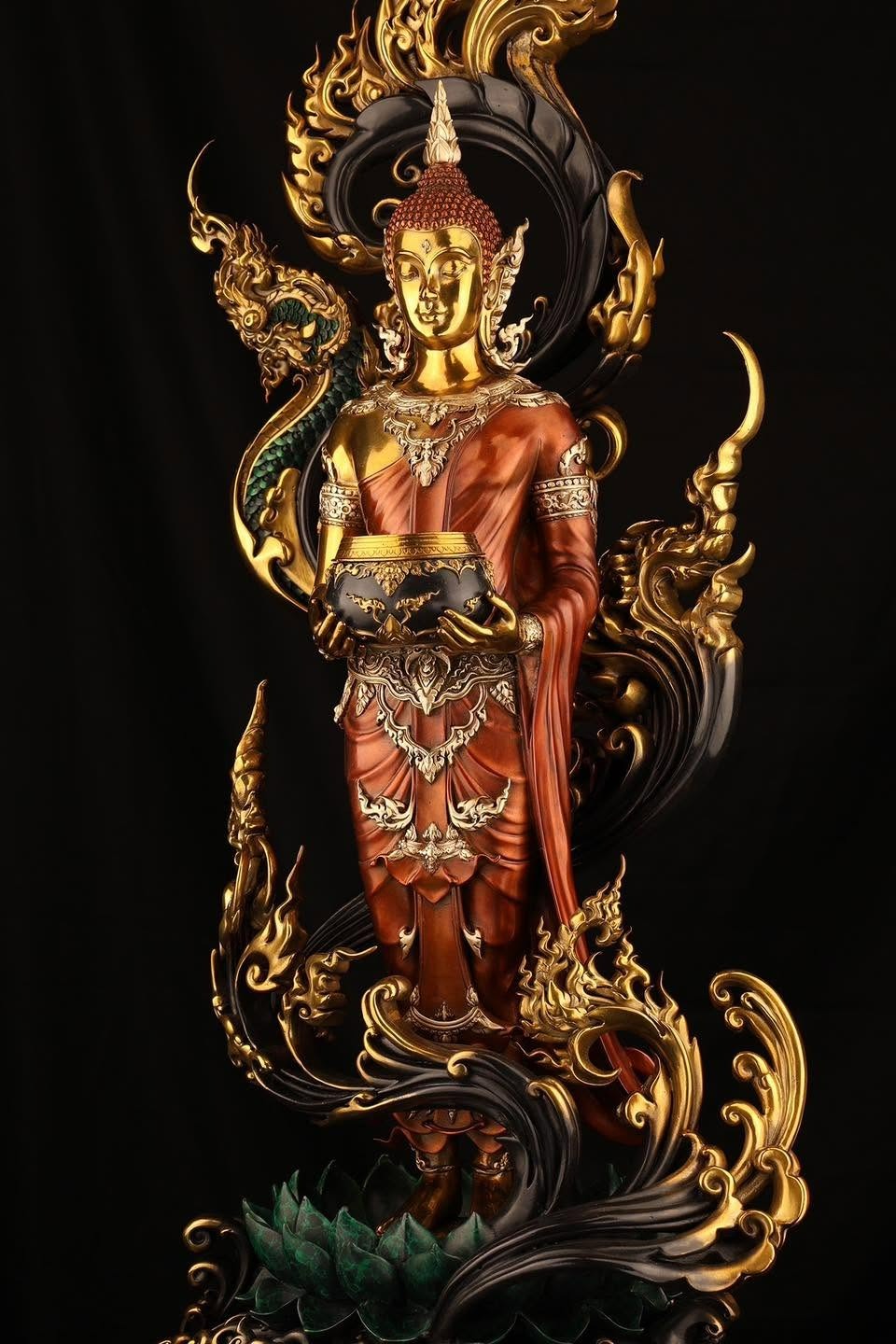 Authentic Sacred Museum-Grade Large Altar Statue "Phra Buddha Chariyawat Um Bat Prod Venai Yasat" (Standing Alms-Bowl Buddha Posture - 97 cm / 38 Inches with Genuine Marble Base)