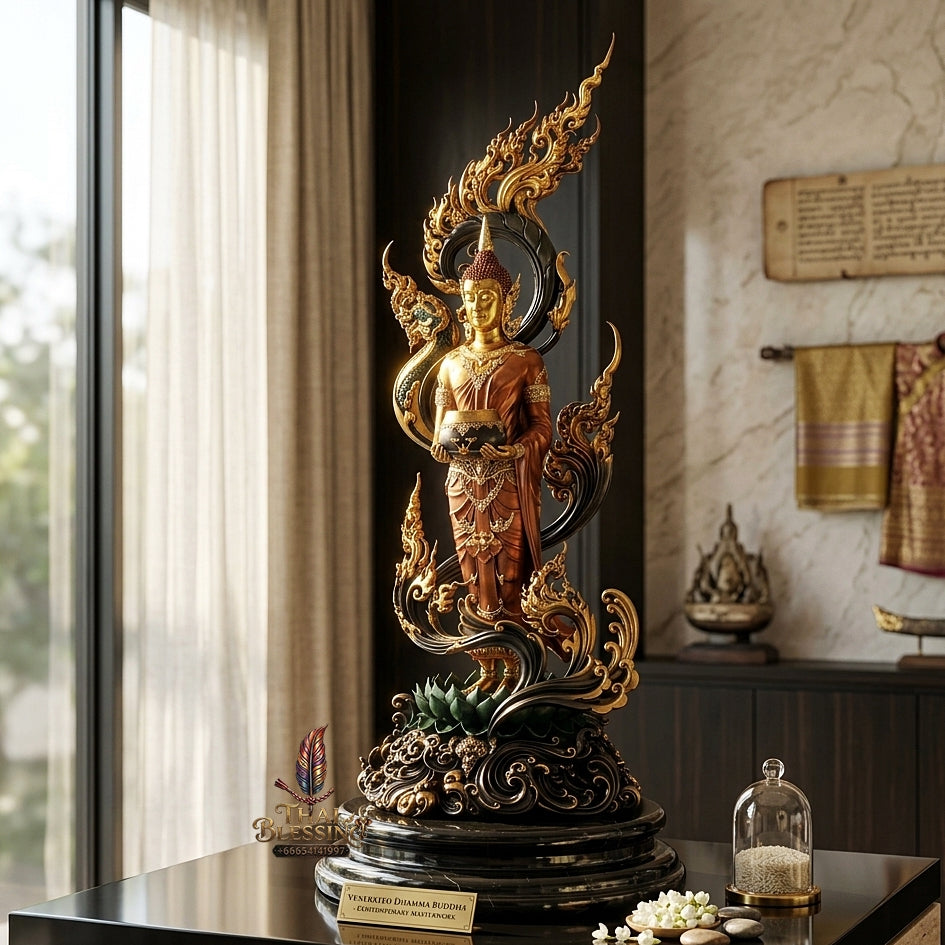 Authentic Sacred Museum-Grade Large Altar Statue "Phra Buddha Chariyawat Um Bat Prod Venai Yasat" (Standing Alms-Bowl Buddha Posture - 97 cm / 38 Inches with Genuine Marble Base)
