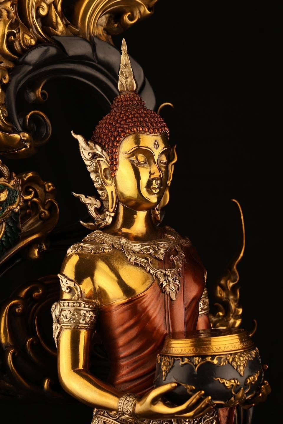 Authentic Sacred Museum-Grade Large Altar Statue "Phra Buddha Chariyawat Um Bat Prod Venai Yasat" (Standing Alms-Bowl Buddha Posture - 97 cm / 38 Inches with Genuine Marble Base)