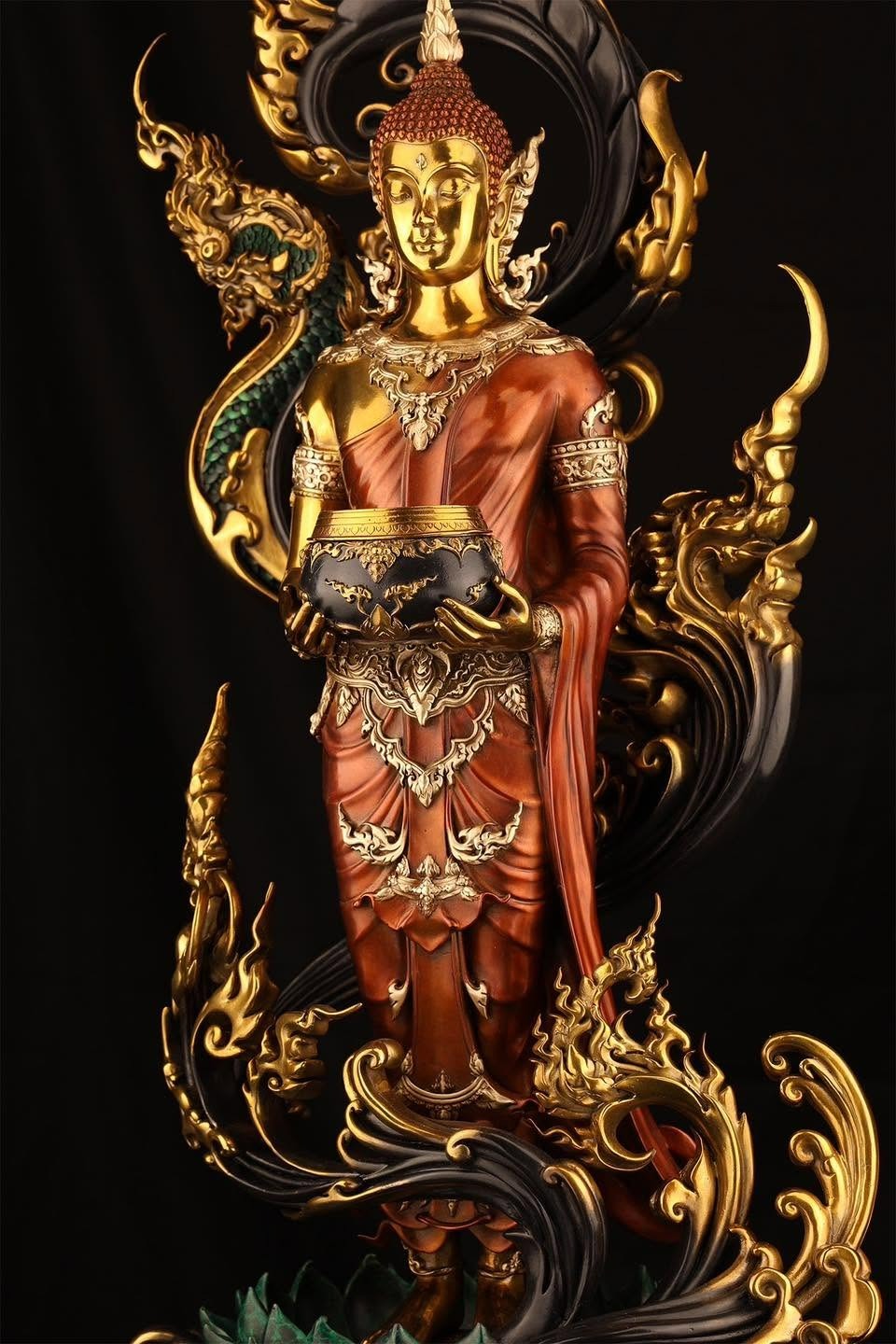 Authentic Sacred Museum-Grade Large Altar Statue "Phra Buddha Chariyawat Um Bat Prod Venai Yasat" (Standing Alms-Bowl Buddha Posture - 97 cm / 38 Inches with Genuine Marble Base)