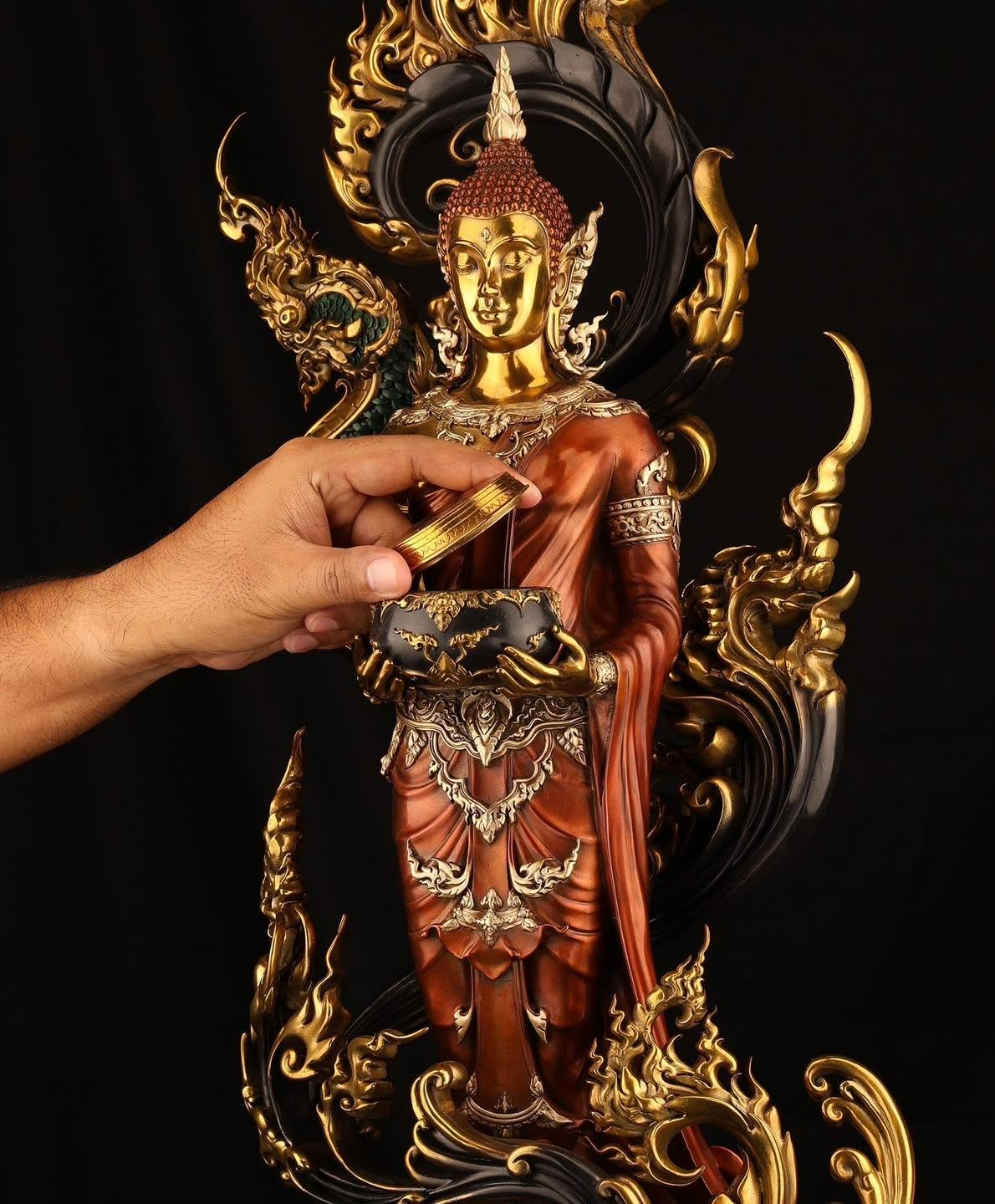 Authentic Sacred Museum-Grade Large Altar Statue "Phra Buddha Chariyawat Um Bat Prod Venai Yasat" (Standing Alms-Bowl Buddha Posture - 97 cm / 38 Inches with Genuine Marble Base)