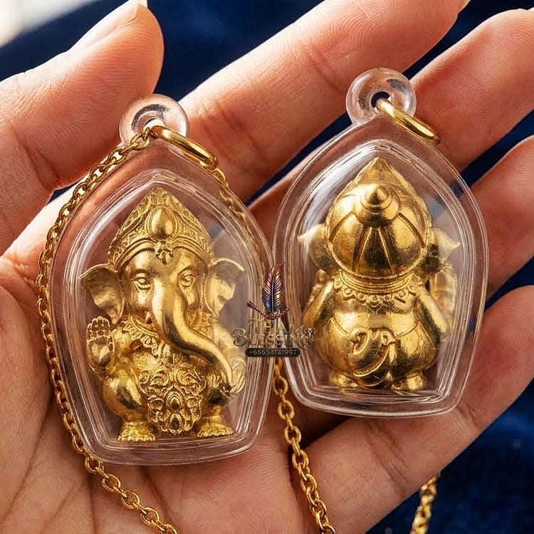 Phra Pikanet Thai Amulet Protection talisman good luck charm spiritual jewelry Sacred Ganesha Khanet Noi Hai Lap Ngoen Lan Millionaire Fortune Edition Gold Plated Bronze Matrix Thai Blessing Co By RURUECHA