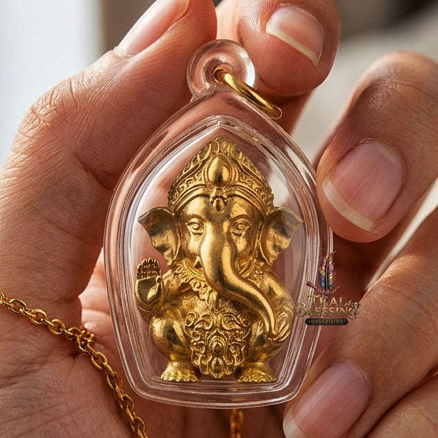 Phra Pikanet Thai Amulet Protection talisman good luck charm spiritual jewelry Sacred Ganesha Khanet Noi Hai Lap Ngoen Lan Millionaire Fortune Edition Gold Plated Bronze Matrix Thai Blessing Co By RURUECHA