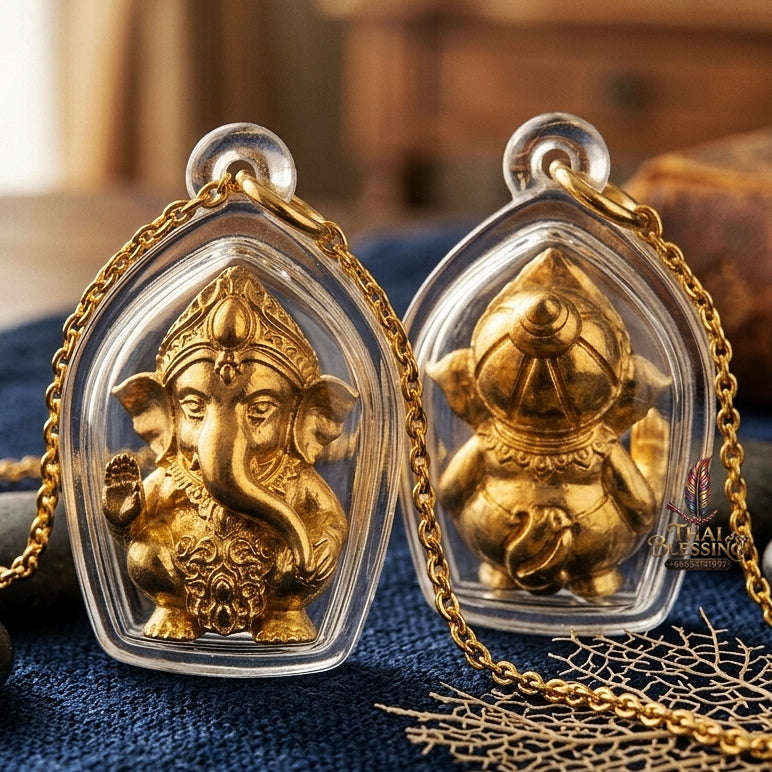 Phra Pikanet Thai Amulet Protection talisman good luck charm spiritual jewelry Sacred Ganesha Khanet Noi Hai Lap Ngoen Lan Millionaire Fortune Edition Gold Plated Bronze Matrix Thai Blessing Co By RURUECHA