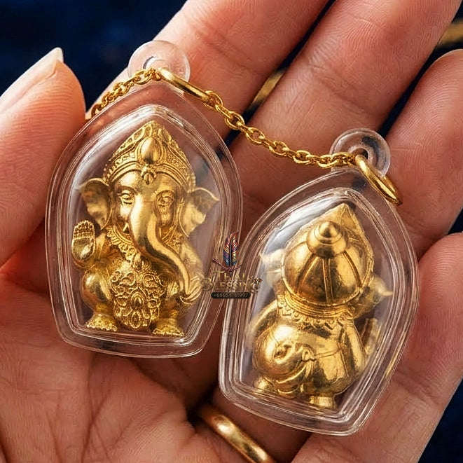 Phra Pikanet Thai Amulet Protection talisman good luck charm spiritual jewelry Sacred Ganesha Khanet Noi Hai Lap Ngoen Lan Millionaire Fortune Edition Gold Plated Bronze Matrix Thai Blessing Co By RURUECHA