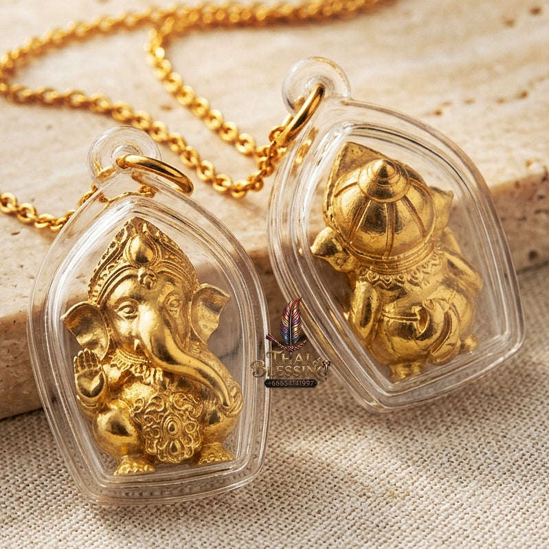 Phra Pikanet Thai Amulet Protection talisman good luck charm spiritual jewelry Sacred Ganesha Khanet Noi Hai Lap Ngoen Lan Millionaire Fortune Edition Gold Plated Bronze Matrix Thai Blessing Co By RURUECHA