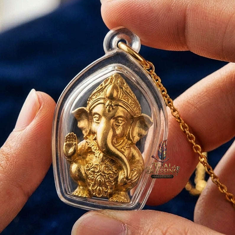 Phra Pikanet Thai Amulet Protection talisman good luck charm spiritual jewelry Sacred Ganesha Khanet Noi Hai Lap Ngoen Lan Millionaire Fortune Edition Gold Plated Bronze Matrix Thai Blessing Co By RURUECHA