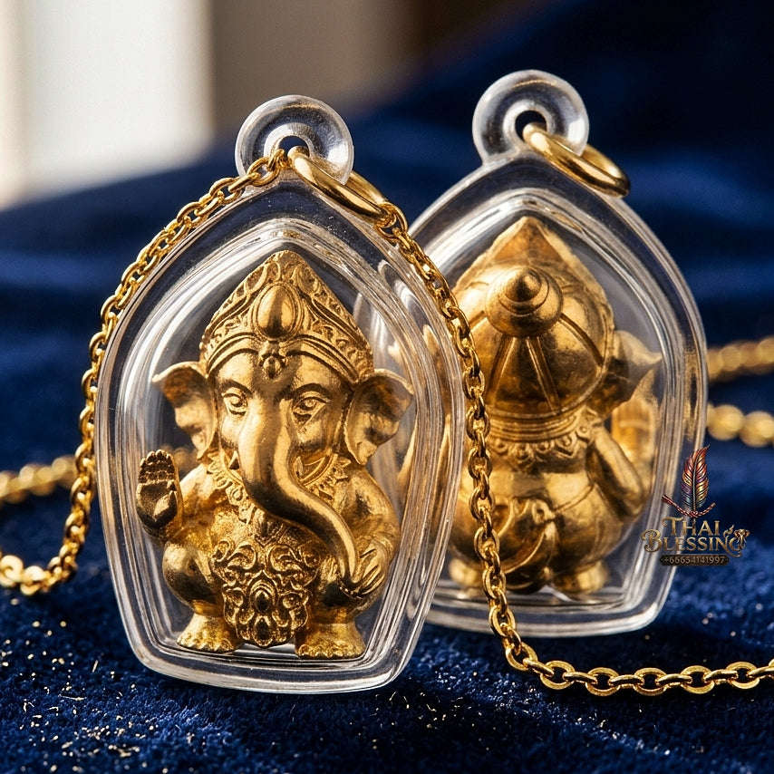Phra Pikanet Thai Amulet Protection talisman good luck charm spiritual jewelry Sacred Ganesha Khanet Noi Hai Lap Ngoen Lan Millionaire Fortune Edition Gold Plated Bronze Matrix Thai Blessing Co By RURUECHA