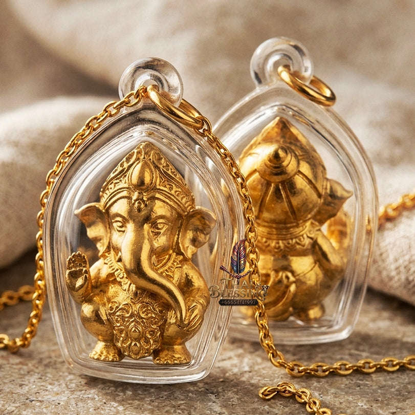 Phra Pikanet Thai Amulet Protection talisman good luck charm spiritual jewelry Sacred Ganesha Khanet Noi Hai Lap Ngoen Lan Millionaire Fortune Edition Gold Plated Bronze Matrix Thai Blessing Co By RURUECHA