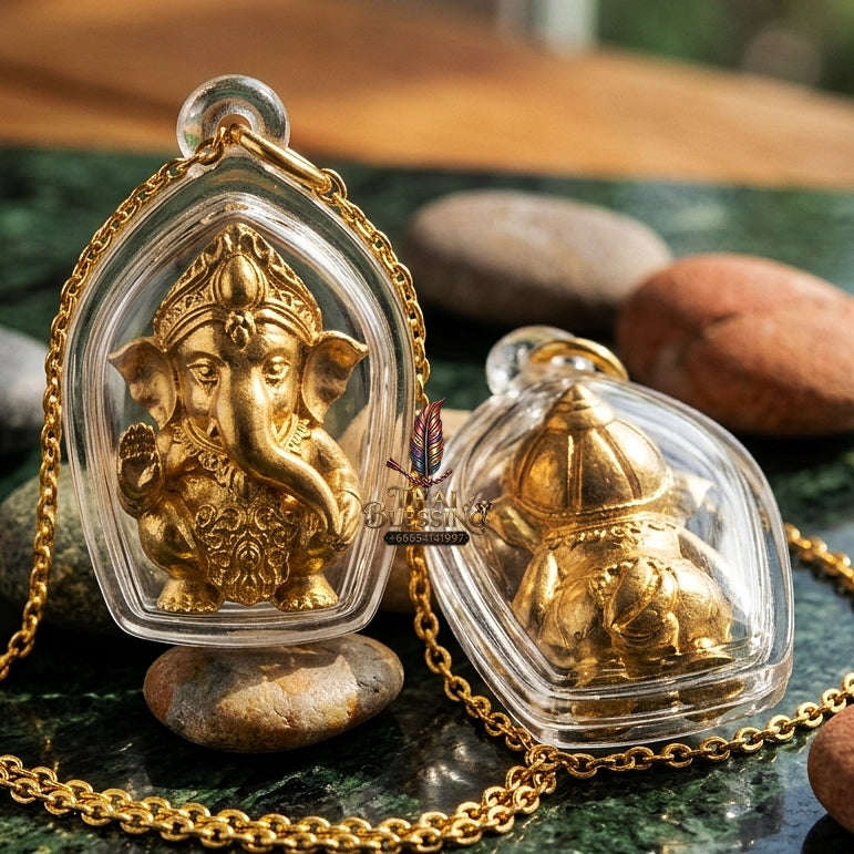 Phra Pikanet Thai Amulet Protection talisman good luck charm spiritual jewelry Sacred Ganesha Khanet Noi Hai Lap Ngoen Lan Millionaire Fortune Edition Gold Plated Bronze Matrix Thai Blessing Co By RURUECHA