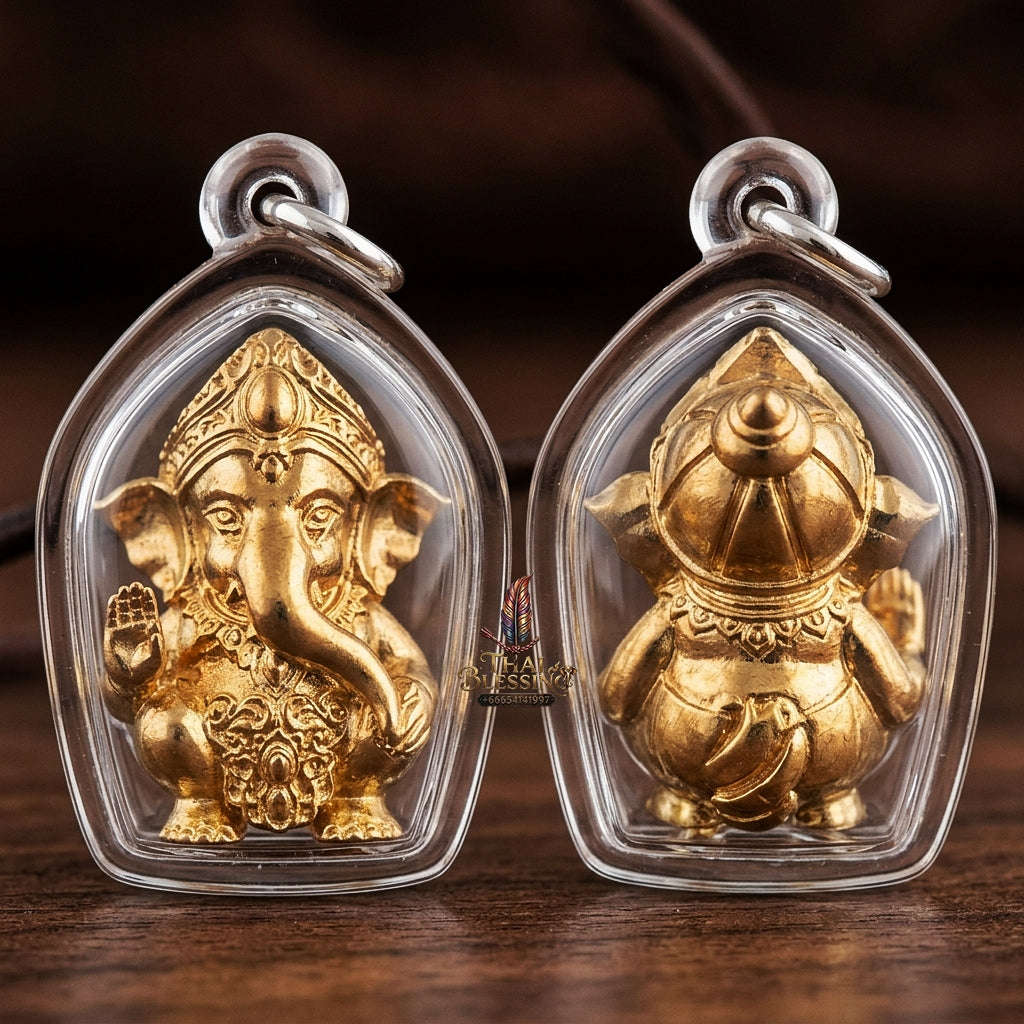 Phra Pikanet Thai Amulet Protection talisman good luck charm spiritual jewelry Sacred Ganesha Khanet Noi Hai Lap Ngoen Lan Millionaire Fortune Edition Gold Plated Bronze Matrix Thai Blessing Co By RURUECHA