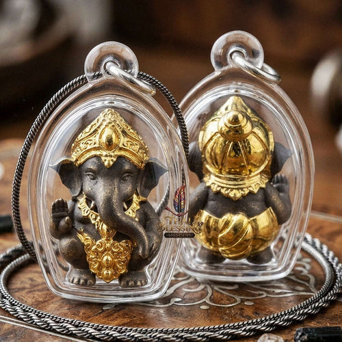 Phra Pikanet Thai Amulet Protection talisman good luck charm spiritual jewelry Sacred Ganesha Khanet Noi Hai Lap Ngoen Lan Millionaire Fortune Edition Partial Gold Plated Khan Long Hin Bronze Matrix Thai Blessing Co By RURUECHA