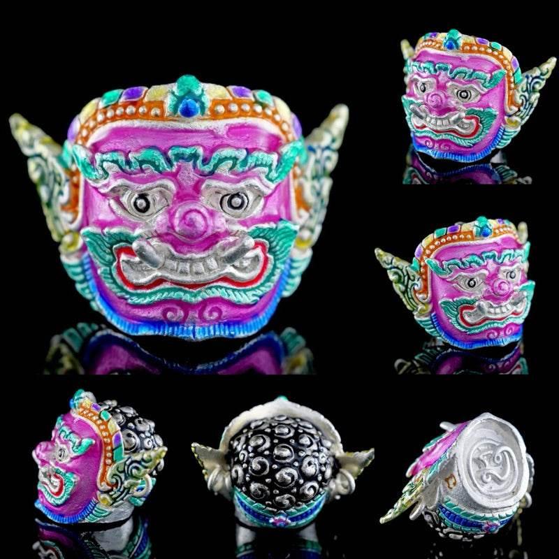 Phra Pirap Amulet - Supreme Demon Deity of Dance and Power for Enhanced Strength ชุบเงิน-ม่วง มีห่วง