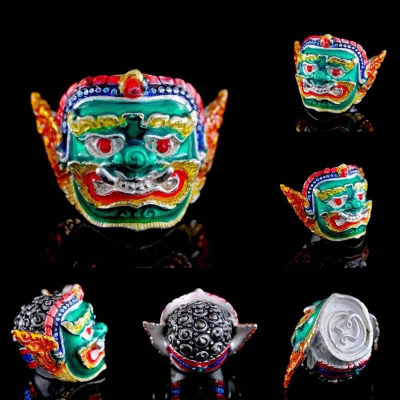 Phra Pirap Amulet - Supreme Demon Deity of Dance and Power for Enhanced Strength ชุบเงิน-เขียวไม่ห่วง