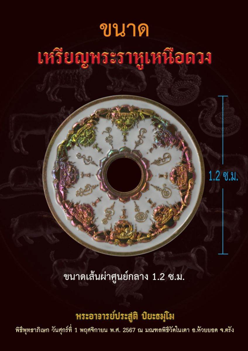 Decorative Phra Rahu amulet for protection featuring intricate designs and a 1.2 cm diameter