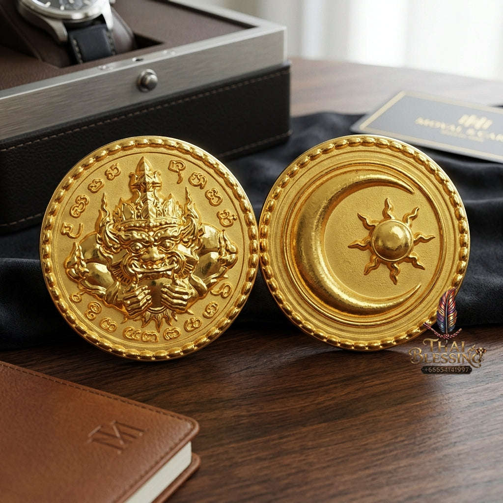 ✨ Phra Rahu Nuea Duang Bronze Coin (Available in Small 1.6 cm & Standard 2.2 cm Sizes) : Ultimate Fate-Overcoming & Eclipse Protection Amulet (2569 / 2026 Edition) - Kruba Kham Fan / Wat Kor Chok Thai Blessing Co By RURUECHA