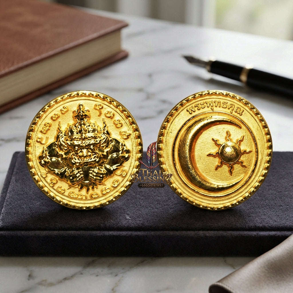 ✨ Phra Rahu Nuea Duang Bronze Coin (Available in Small 1.6 cm & Standard 2.2 cm Sizes) : Ultimate Fate-Overcoming & Eclipse Protection Amulet (2569 / 2026 Edition) - Kruba Kham Fan / Wat Kor Chok Thai Blessing Co By RURUECHA