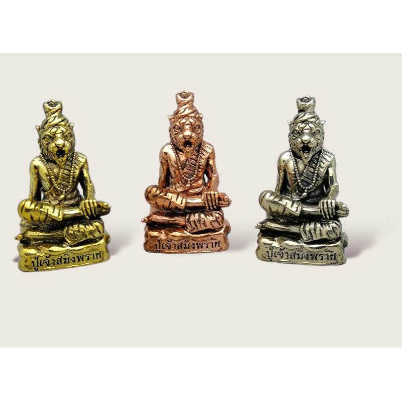 Set of Phu Chao Saming Phrai spirit figurines in gold, bronze, and silver finishes for Feng Shui practices