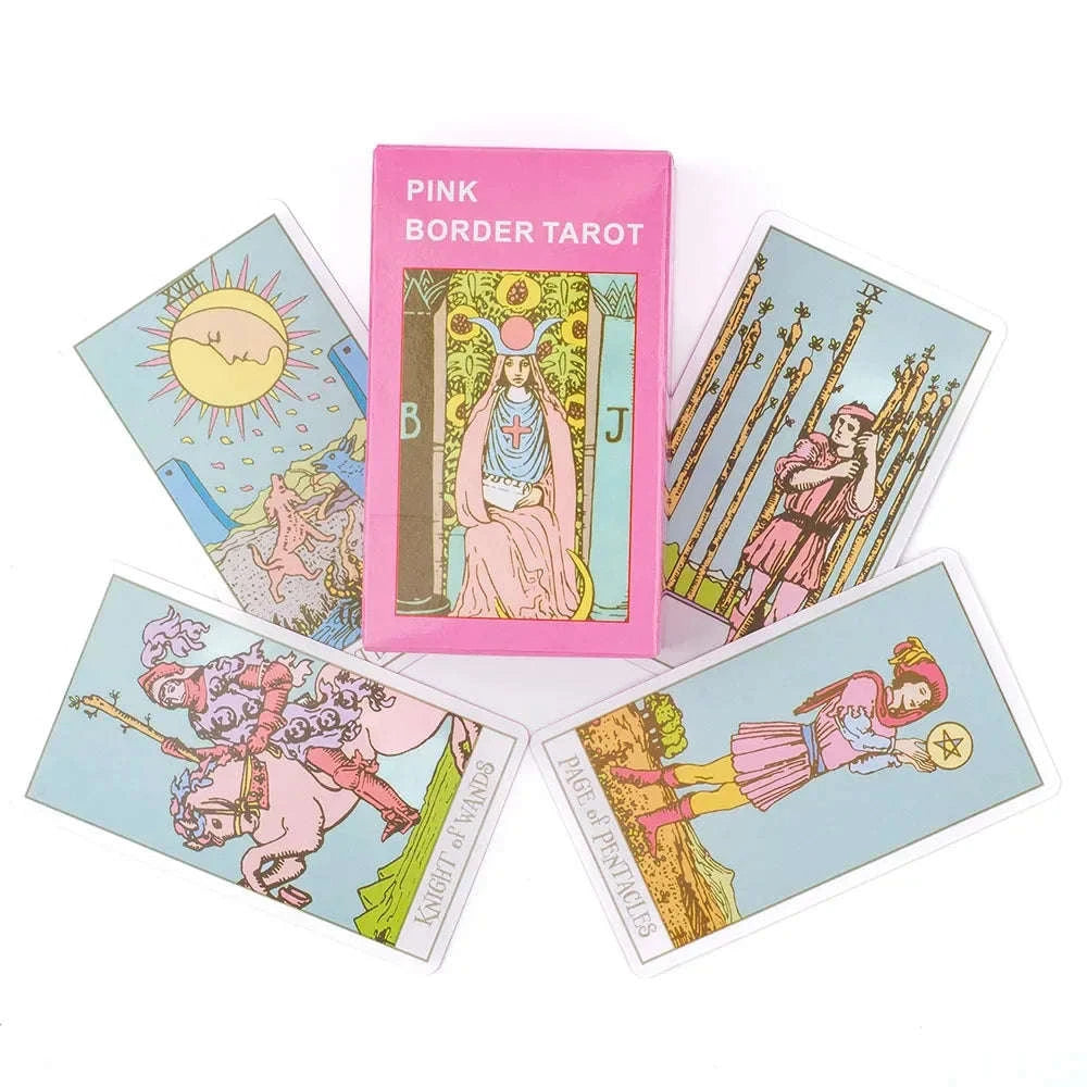 🌸Pink Border Tarot Card Deck with Guidebook – 78 English Cards for Family Divination & Party Game