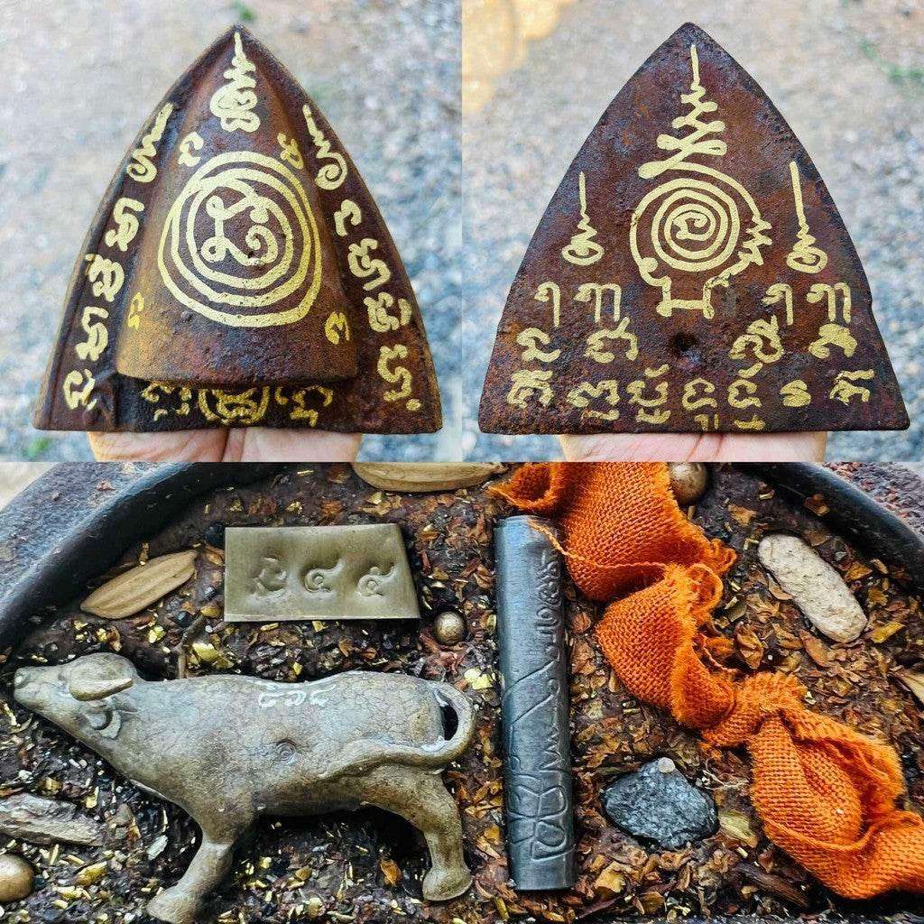 Plan Tai Boran Amulet - 5-Inch Plowshare with Silver Takrut & Singh Carving by Luang Pu Im, Wat Thung Na Mai - First Edition Buried with a buffalo bow and lead amulet