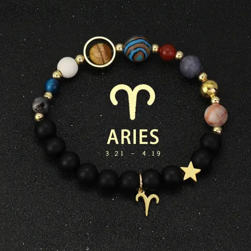 ✨ Planet Bracelet with Eight Planet Stones & 12 Zodiac Signs – Natural Stone Beads | Christmas & Birthday Gift Jewelry for Astrology Enthusiasts Aries