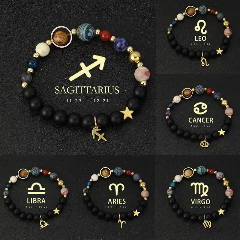 ✨ Planet Bracelet with Eight Planet Stones & 12 Zodiac Signs – Natural Stone Beads | Christmas & Birthday Gift Jewelry for Astrology Enthusiasts