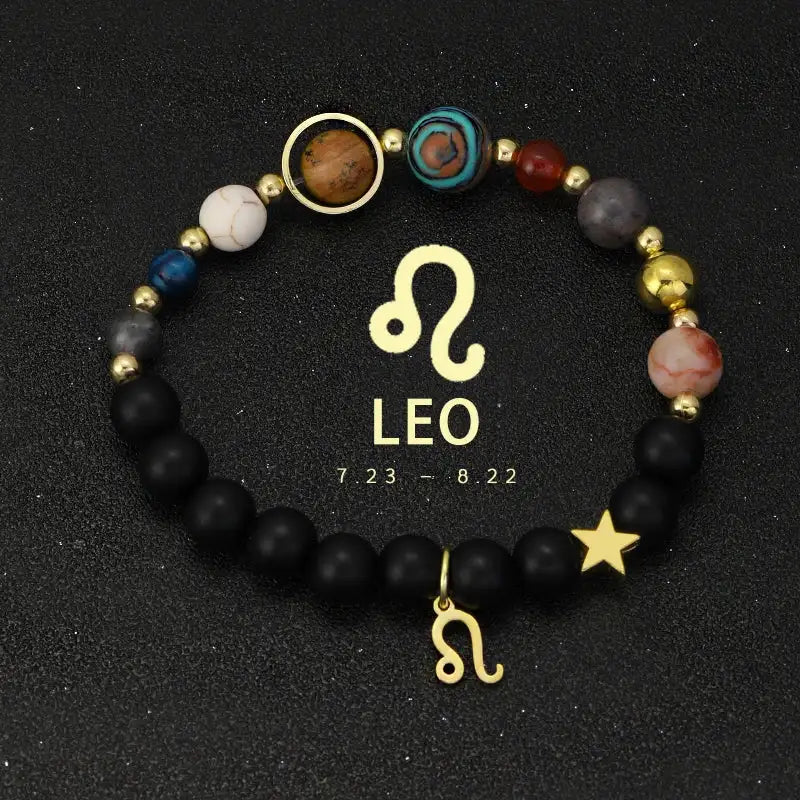 ✨ Planet Bracelet with Eight Planet Stones & 12 Zodiac Signs – Natural Stone Beads | Christmas & Birthday Gift Jewelry for Astrology Enthusiasts Leo