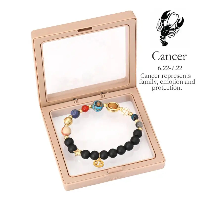 ✨ Planet Bracelet with Eight Planet Stones & 12 Zodiac Signs – Natural Stone Beads | Christmas & Birthday Gift Jewelry for Astrology Enthusiasts Cancer to box