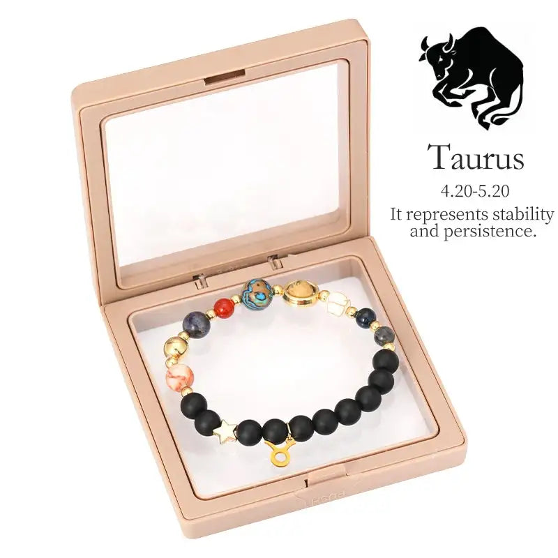 ✨ Planet Bracelet with Eight Planet Stones & 12 Zodiac Signs – Natural Stone Beads | Christmas & Birthday Gift Jewelry for Astrology Enthusiasts Taurus to box