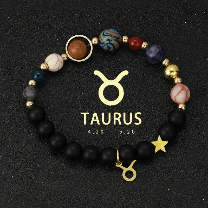 ✨ Planet Bracelet with Eight Planet Stones & 12 Zodiac Signs – Natural Stone Beads | Christmas & Birthday Gift Jewelry for Astrology Enthusiasts Taurus