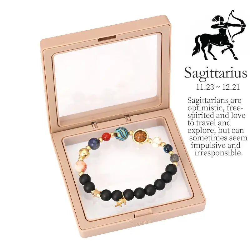 ✨ Planet Bracelet with Eight Planet Stones & 12 Zodiac Signs – Natural Stone Beads | Christmas & Birthday Gift Jewelry for Astrology Enthusiasts Sagittarius to box