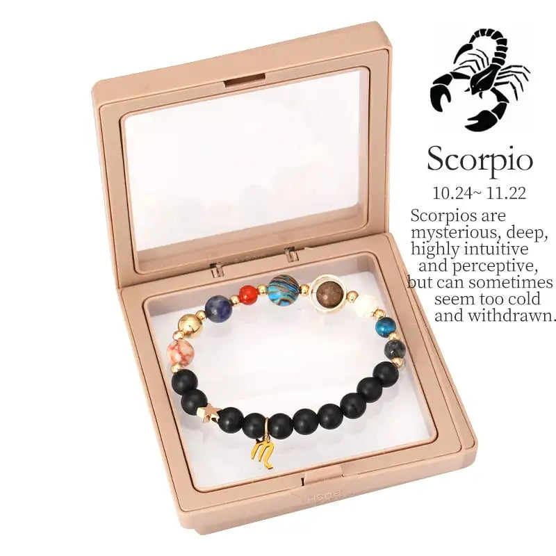 ✨ Planet Bracelet with Eight Planet Stones & 12 Zodiac Signs – Natural Stone Beads | Christmas & Birthday Gift Jewelry for Astrology Enthusiasts Scorpio to box