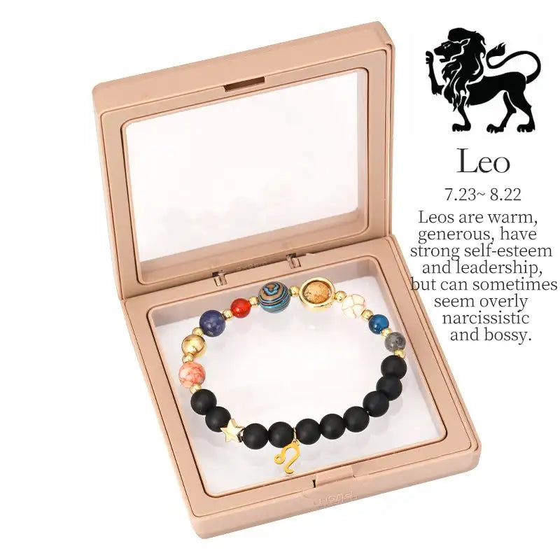 ✨ Planet Bracelet with Eight Planet Stones & 12 Zodiac Signs – Natural Stone Beads | Christmas & Birthday Gift Jewelry for Astrology Enthusiasts Leo to box