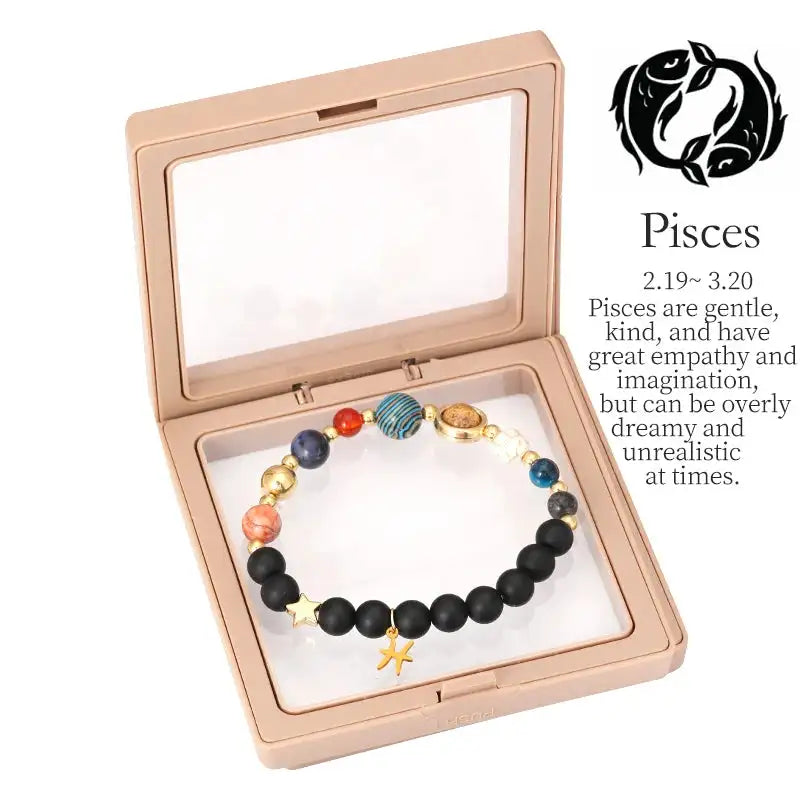 ✨ Planet Bracelet with Eight Planet Stones & 12 Zodiac Signs – Natural Stone Beads | Christmas & Birthday Gift Jewelry for Astrology Enthusiasts Pisces to box
