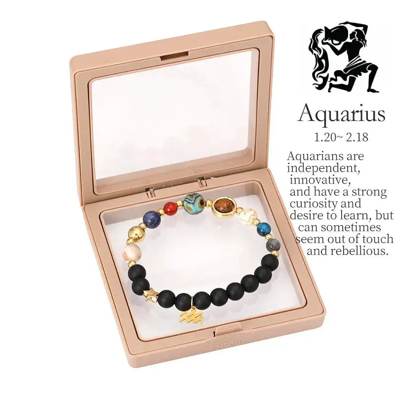 ✨ Planet Bracelet with Eight Planet Stones & 12 Zodiac Signs – Natural Stone Beads | Christmas & Birthday Gift Jewelry for Astrology Enthusiasts Aquarius to box
