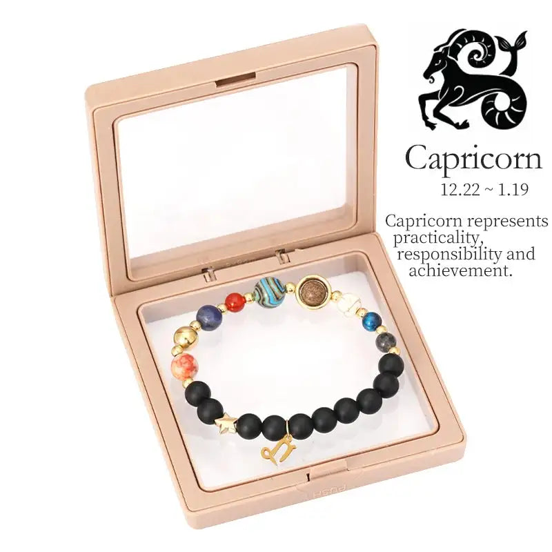 ✨ Planet Bracelet with Eight Planet Stones & 12 Zodiac Signs – Natural Stone Beads | Christmas & Birthday Gift Jewelry for Astrology Enthusiasts Capricorn to box