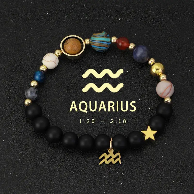 ✨ Planet Bracelet with Eight Planet Stones & 12 Zodiac Signs – Natural Stone Beads | Christmas & Birthday Gift Jewelry for Astrology Enthusiasts Aquarius