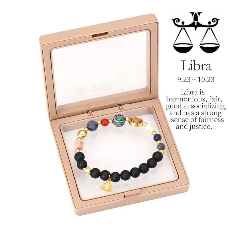 ✨ Planet Bracelet with Eight Planet Stones & 12 Zodiac Signs – Natural Stone Beads | Christmas & Birthday Gift Jewelry for Astrology Enthusiasts Libra to box