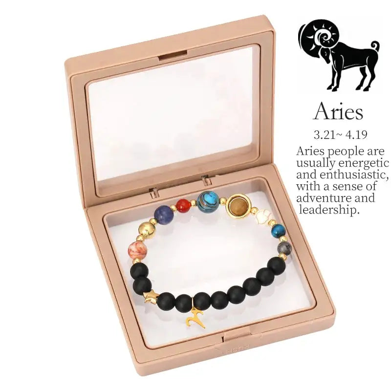 ✨ Planet Bracelet with Eight Planet Stones & 12 Zodiac Signs – Natural Stone Beads | Christmas & Birthday Gift Jewelry for Astrology Enthusiasts Aries to box