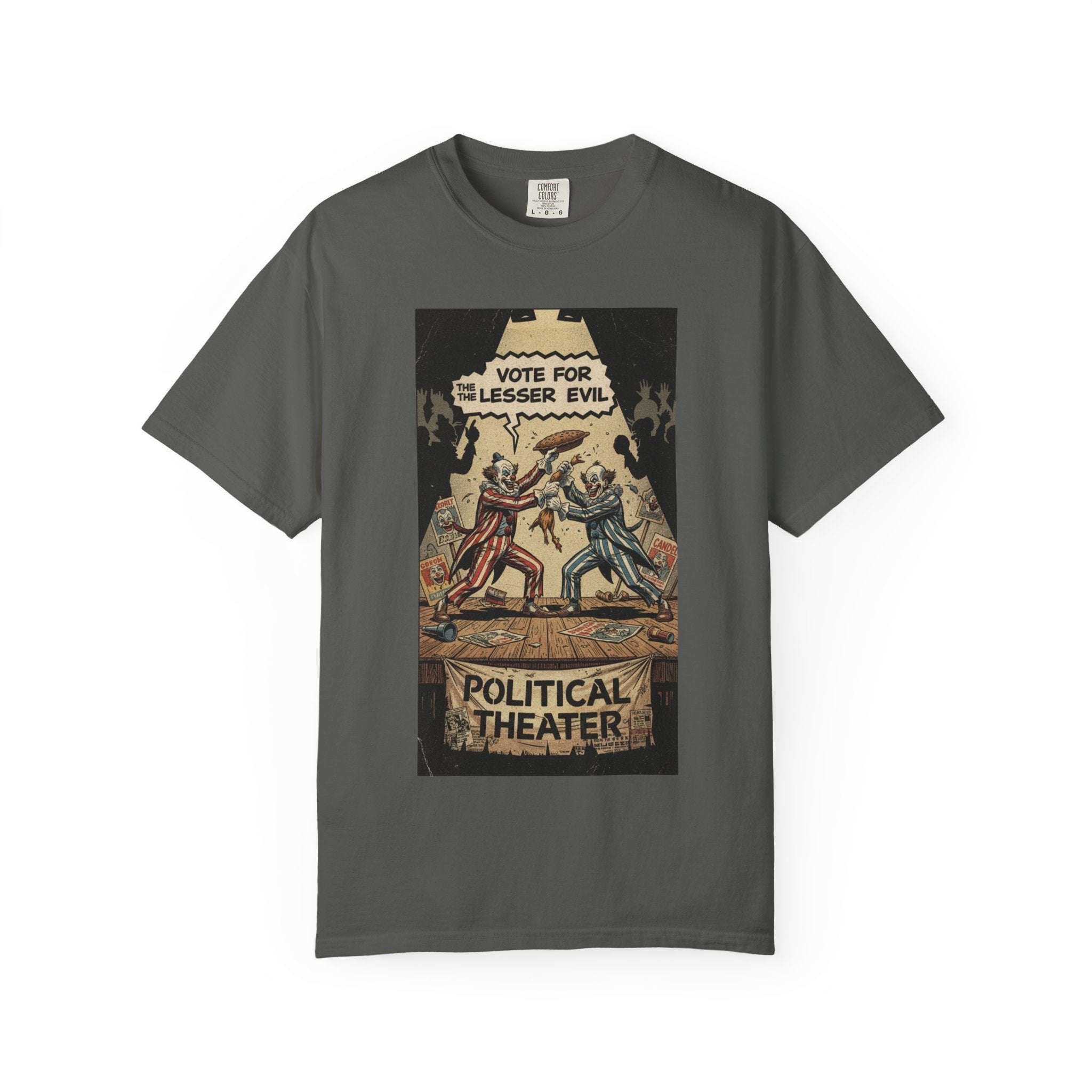 Political Theater Vintage Shirt | Vote For The Lesser Evil Satirical Tee | Retro Comic Style Political Gift | Unisex Garment-Dyed T-Shirt Pepper