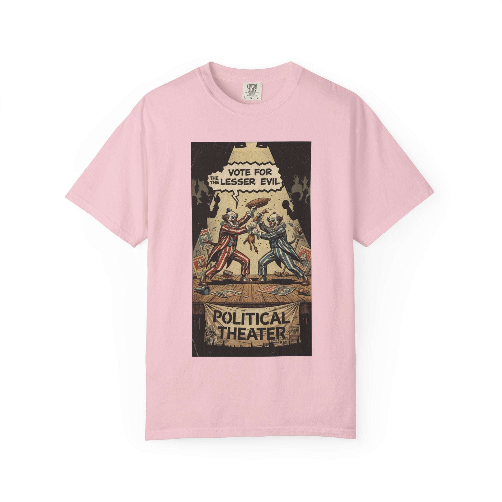 Political Theater Vintage Shirt | Vote For The Lesser Evil Satirical Tee | Retro Comic Style Political Gift | Unisex Garment-Dyed T-Shirt Blossom